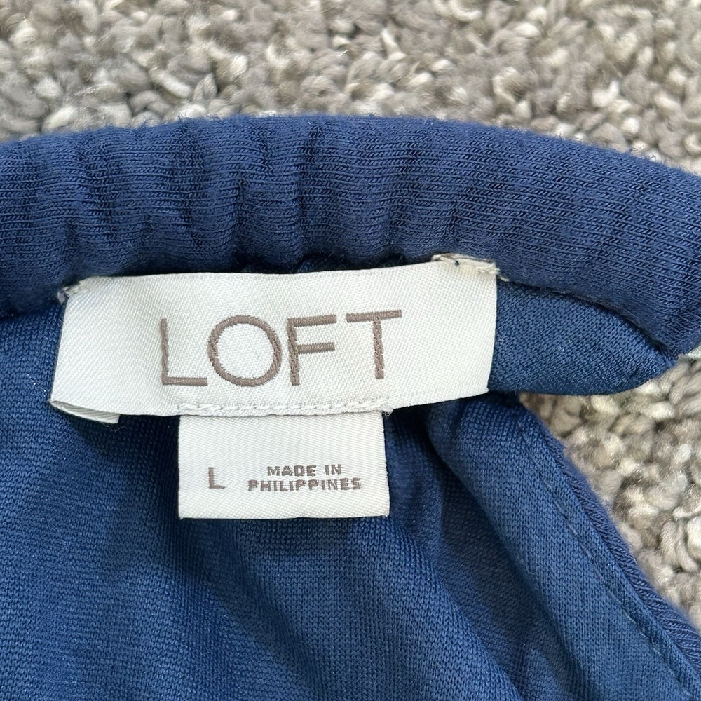 LOFT Blue Wide Leg Jumpsuit Women's LARGE Elastic Waist Pockets Strappy Back - Picture 7 of 11
